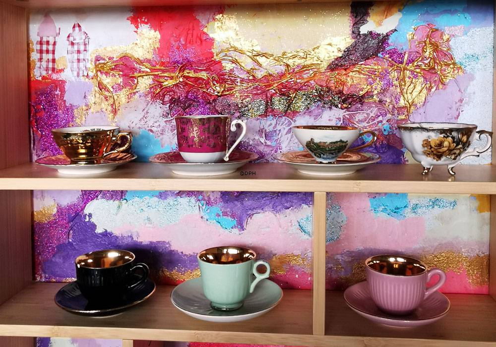 Mokkakopper med underkop, 7 forskellige (2 med skår)