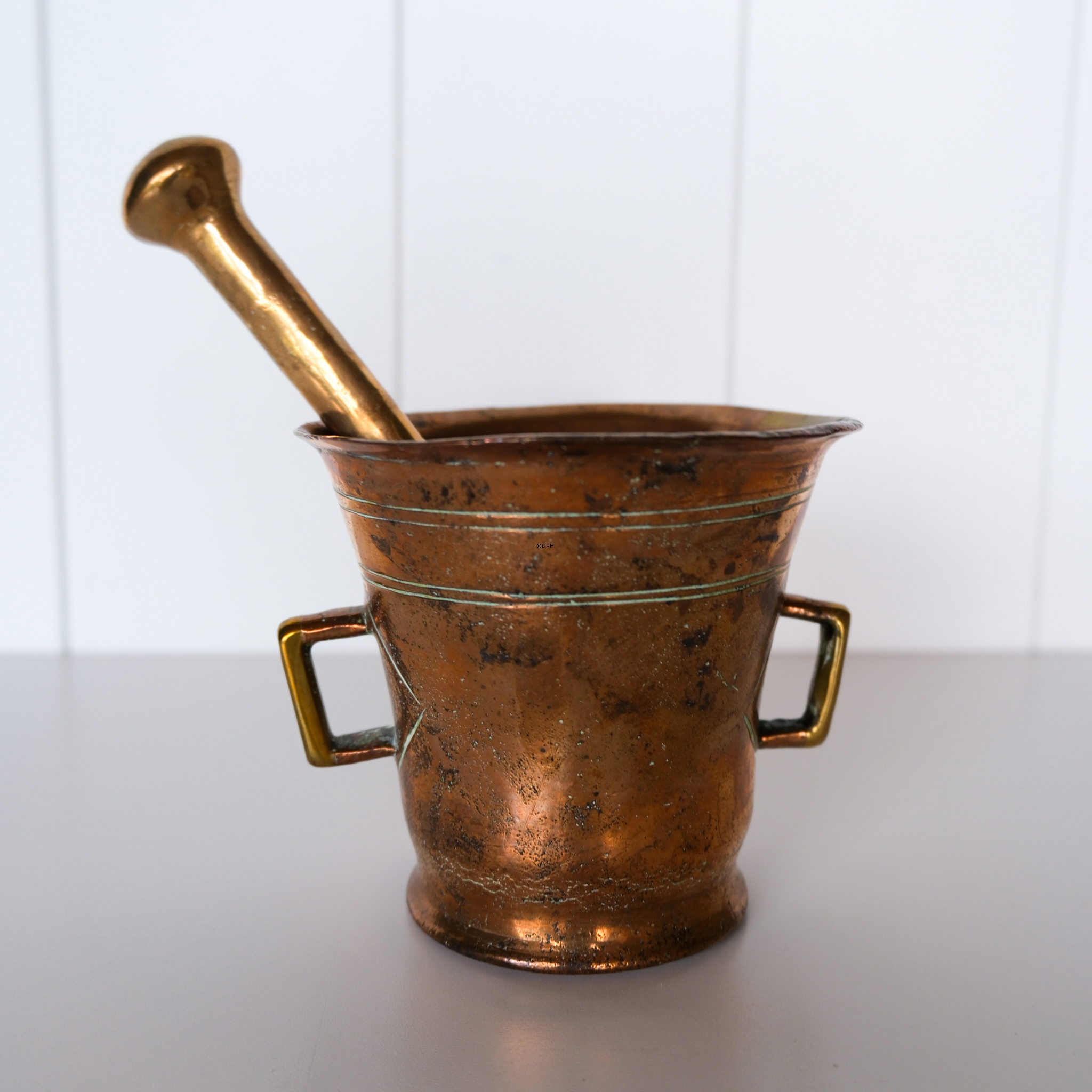 Antik messing morter med støder/pestle Højde 11 cm Ø12,5cm