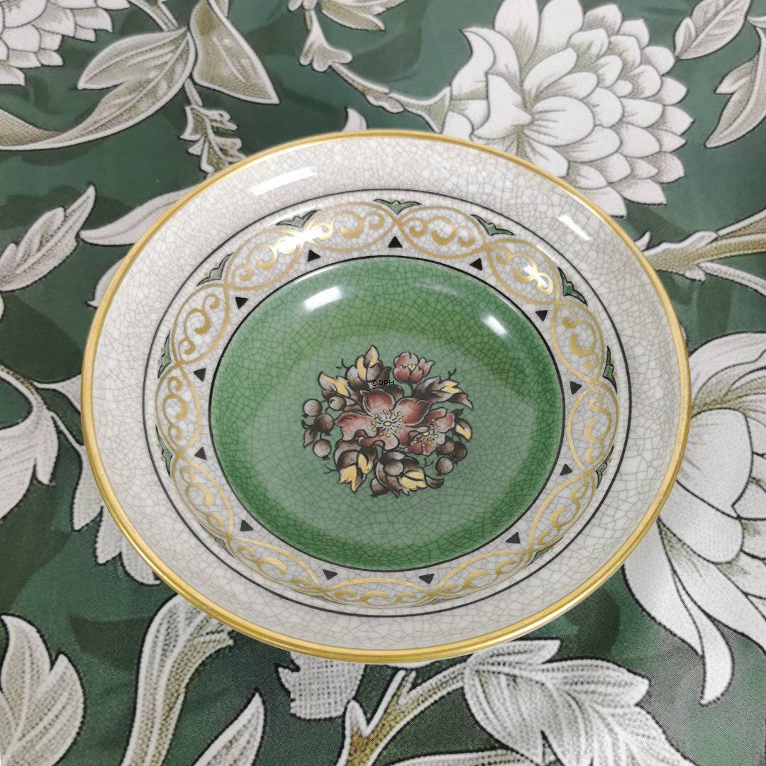 Dahl Jensen Skål, krakkeleret, med gron bund og blomsterdekoration, 18 cm, nr. 127-498