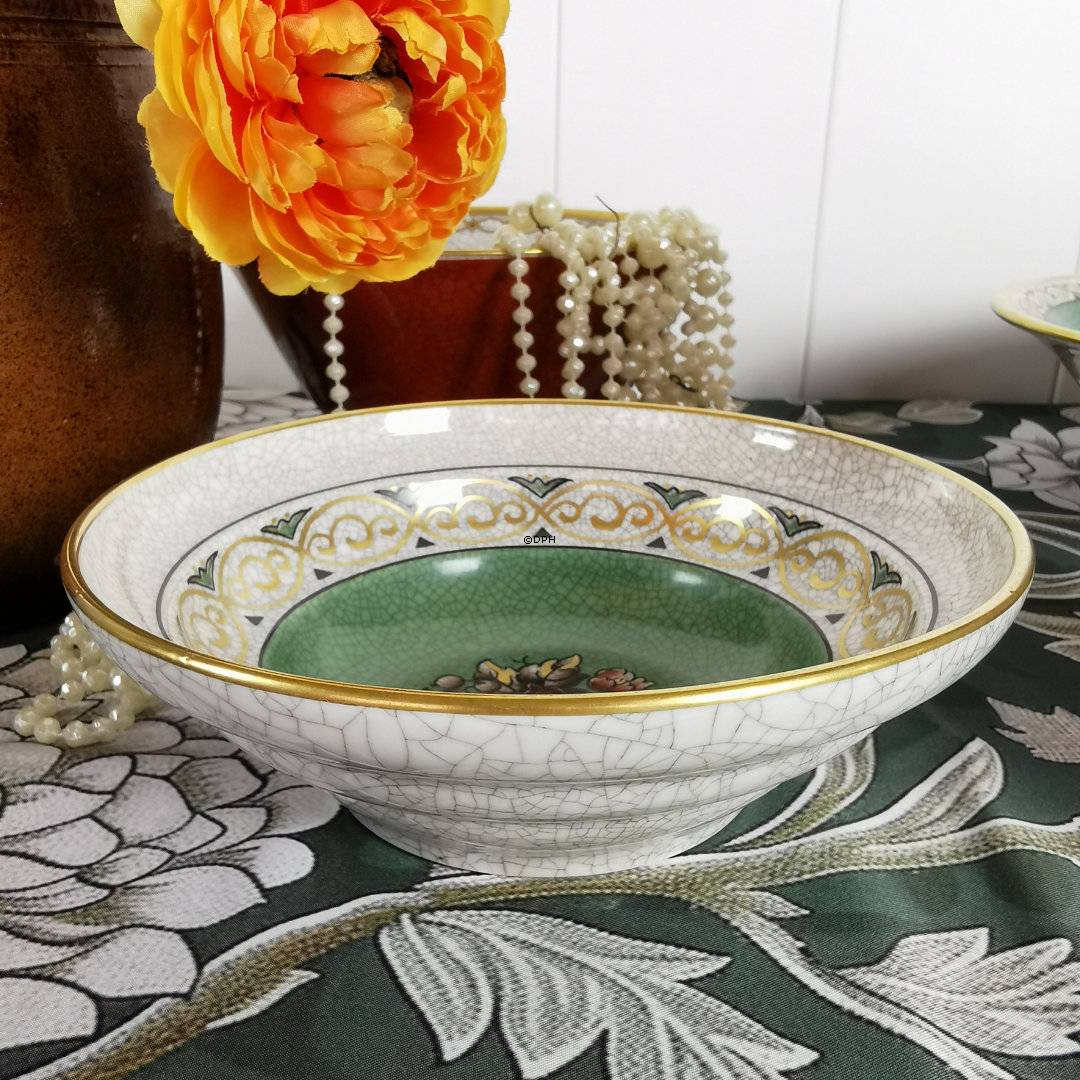 Dahl Jensen Skål, krakkeleret, med gron bund og blomsterdekoration, 18 cm, nr. 127-498