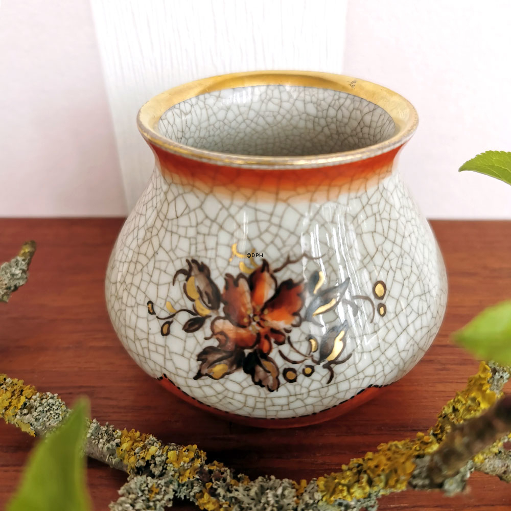 Dahl Jensen Vase, krakeleret med gylden kant og blomster 8 cm nr. 167-516