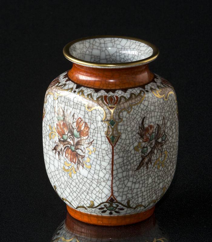 Dahl Jensen Vase, krakeleret med orange kant og blomst 11 cm nr. 207-630
