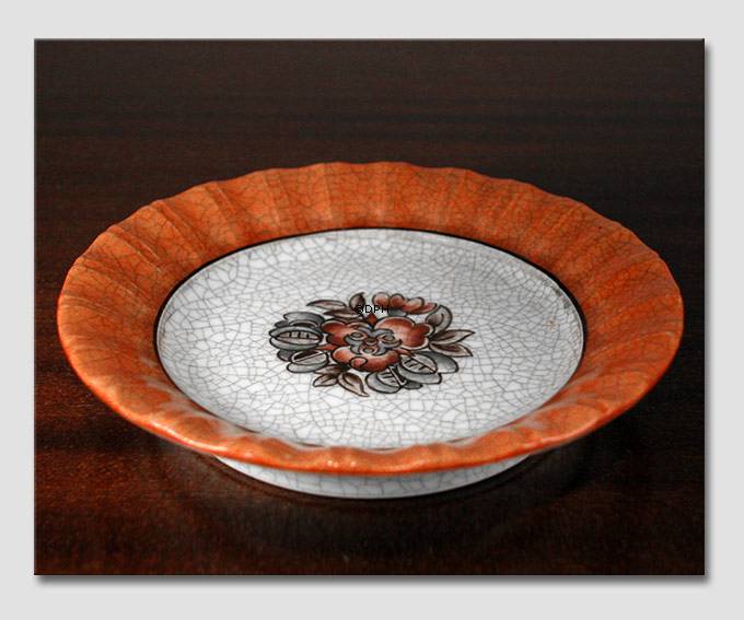 Skål, krakkeleret, orange med blomst