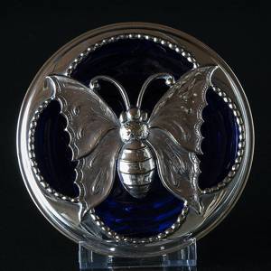 Blå glasskål med top af sølvplet med motiv af en sommerfugl | Nr. DV1691 | DPH Trading