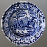 Teller mit chinesischer Dekoration, blau auf weiß, Wildrosedekoration