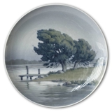 Plate with wood by the lake shore, Royal Copenhagen UNIKA Signed: 13/10 1922 R. Books