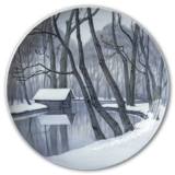 Plate with winter landscape trees by the lake, Royal Copenhagen UNICA Signed: 15/4 1922 ST.USSING