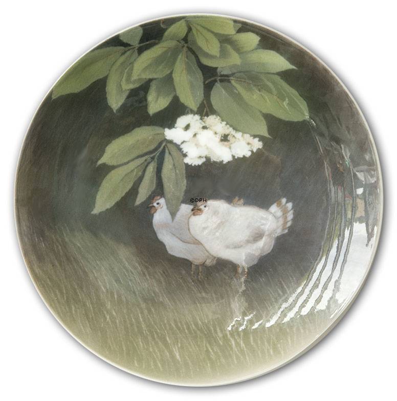 Skål/ platte med huller til ophæng, dekoreret med høns, Royal Copenhagen Art Noveau (PRØVE)