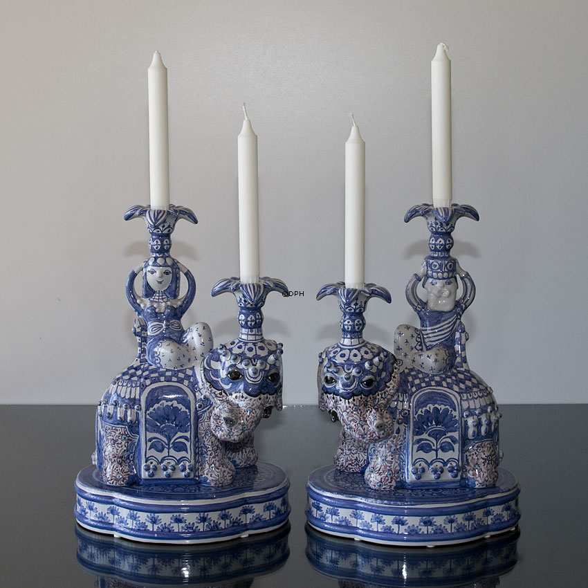 Wiinblad Dronningen af Saba elefant, og Kongen af Saba, sæt af 2 figurer, signeret af Bjørn Wiinblad, penseldekoreret, unik, blå/hvid farvet