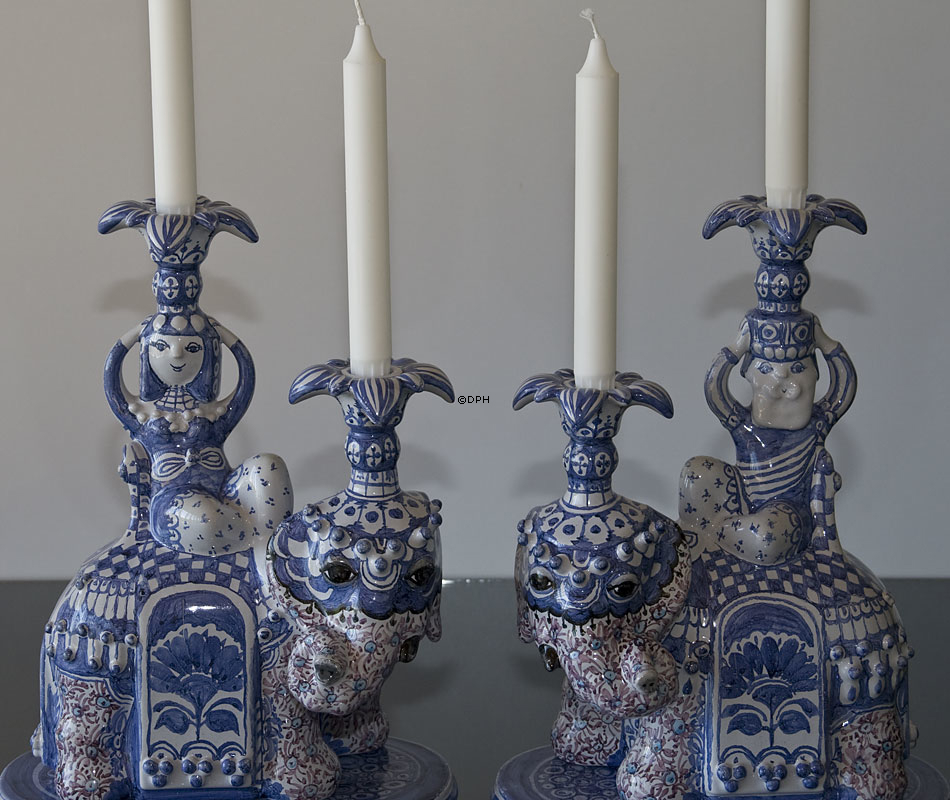 Wiinblad Dronningen af Saba elefant, og Kongen af Saba, sæt af 2 figurer, signeret af Bjørn Wiinblad, penseldekoreret, unik, blå/hvid farvet