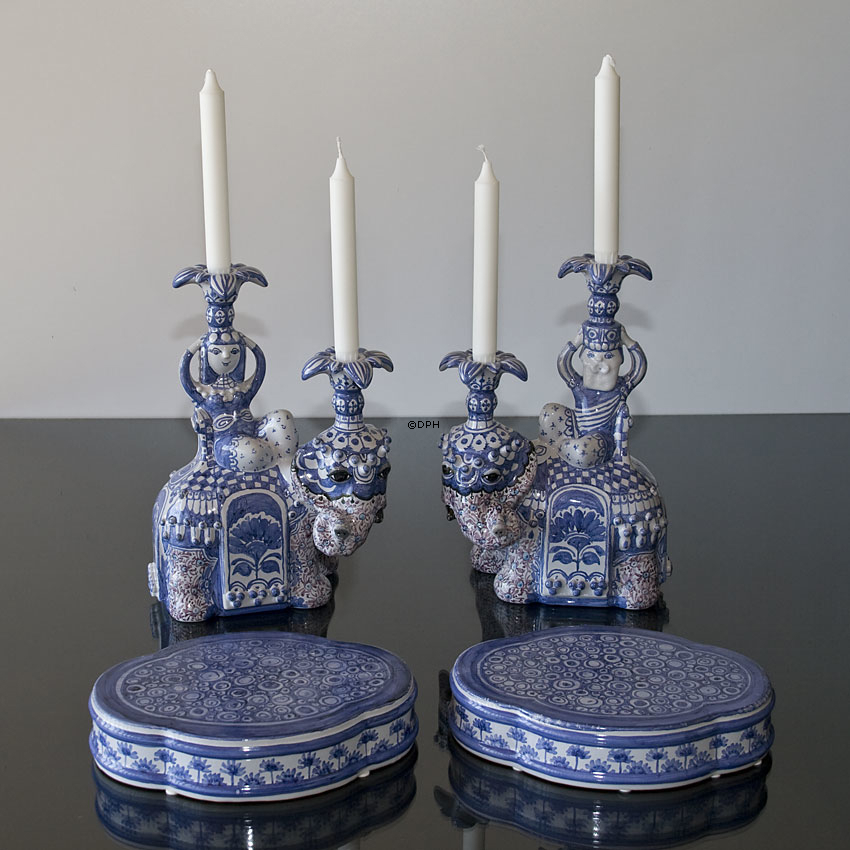 Wiinblad Dronningen af Saba elefant, og Kongen af Saba, sæt af 2 figurer, signeret af Bjørn Wiinblad, penseldekoreret, unik, blå/hvid farvet