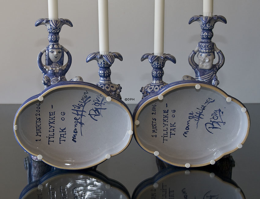 Wiinblad Dronningen af Saba elefant, og Kongen af Saba, sæt af 2 figurer, signeret af Bjørn Wiinblad, penseldekoreret, unik, blå/hvid farvet