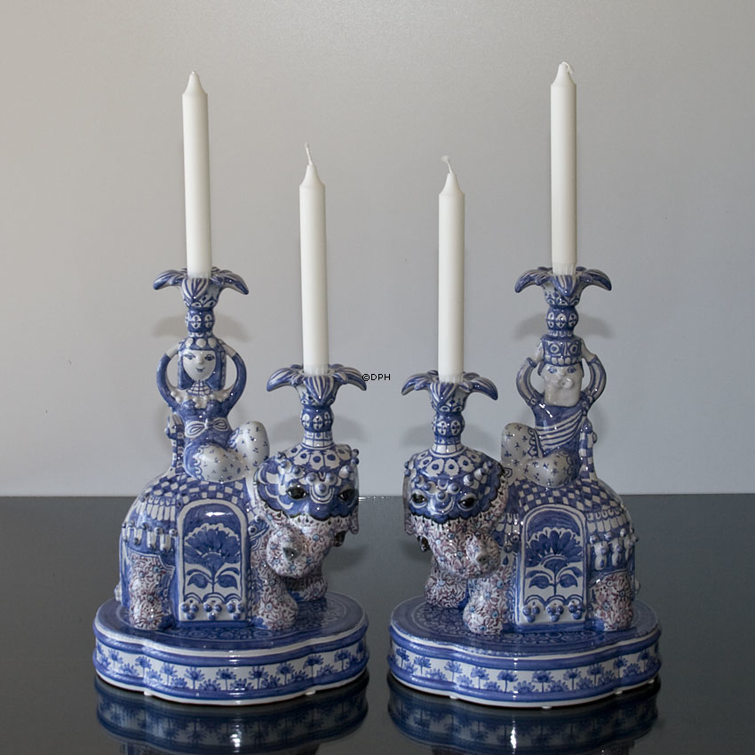 Wiinblad Dronningen af Saba elefant, og Kongen af Saba, sæt af 2 figurer, signeret af Bjørn Wiinblad, penseldekoreret, unik, blå/hvid farvet