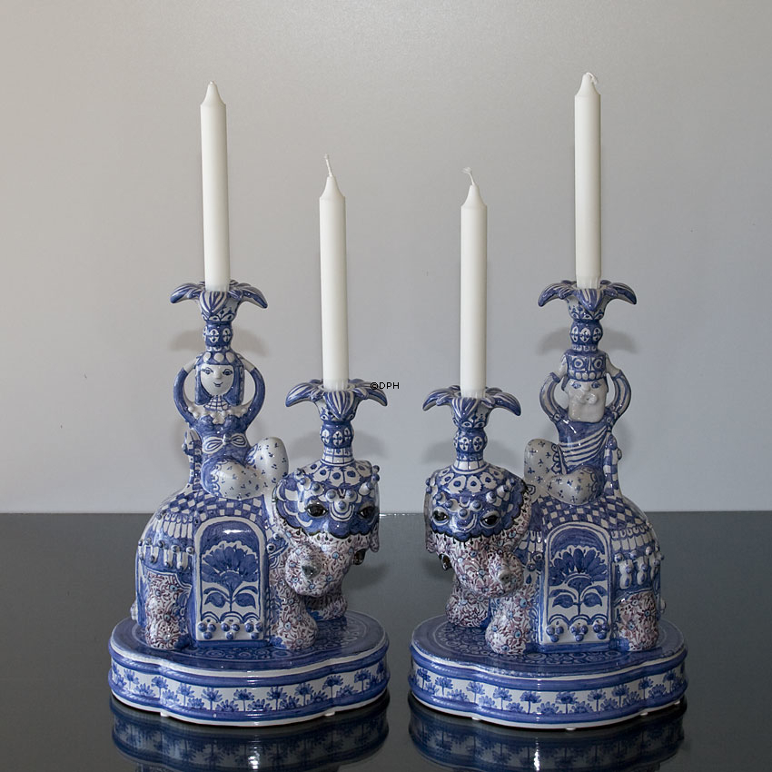 Wiinblad Dronningen af Saba elefant, og Kongen af Saba, sæt af 2 figurer, signeret af Bjørn Wiinblad, penseldekoreret, unik, blå/hvid farvet