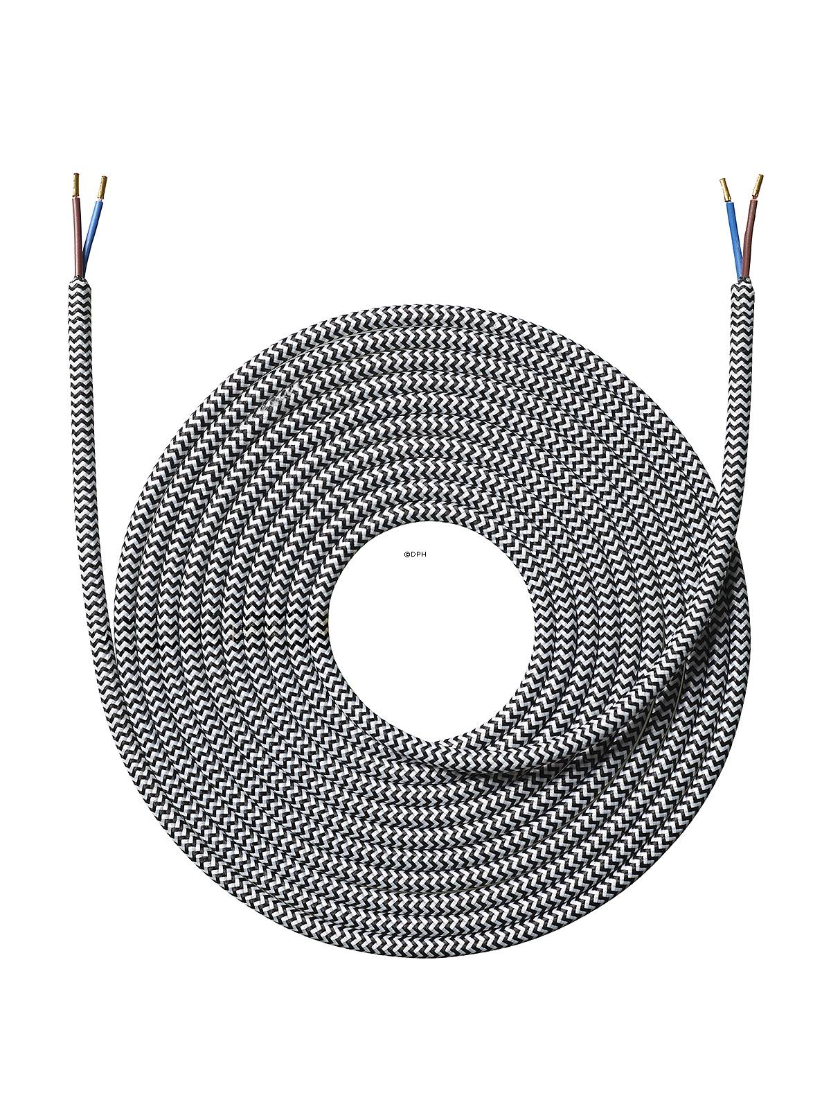 4 meter sort/hvid zigzag rund stofledning, Nielsen Light