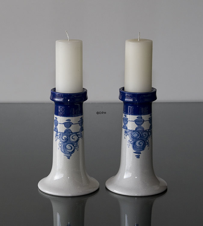 Wiinblad lysestage, stor, hånddekoreret, blå/hvid, sæt af 2 stk.