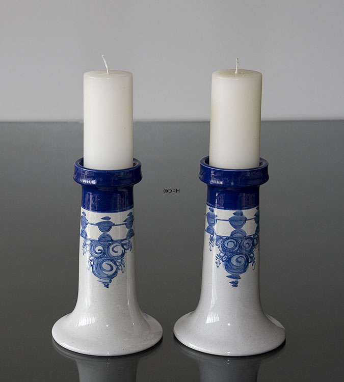 Wiinblad lysestage, stor, hånddekoreret, blå/hvid, sæt af 2 stk.