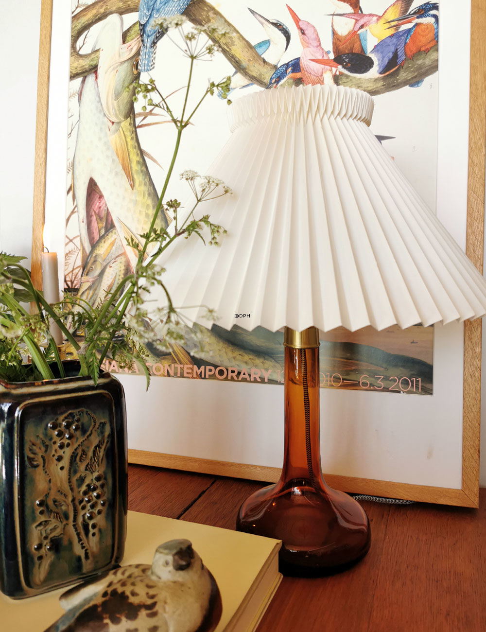 Le Klint 343 røgfarvet brun bordlampe af glas med skærm. Se beskrivelsen!