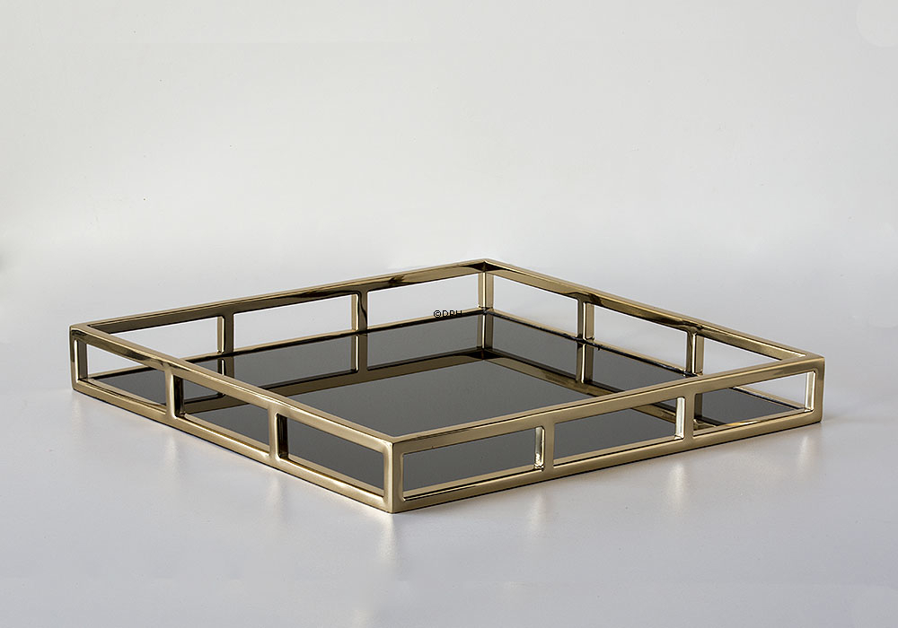 Firkantet serveringsbakke med sort glas i gyldent finish, stor