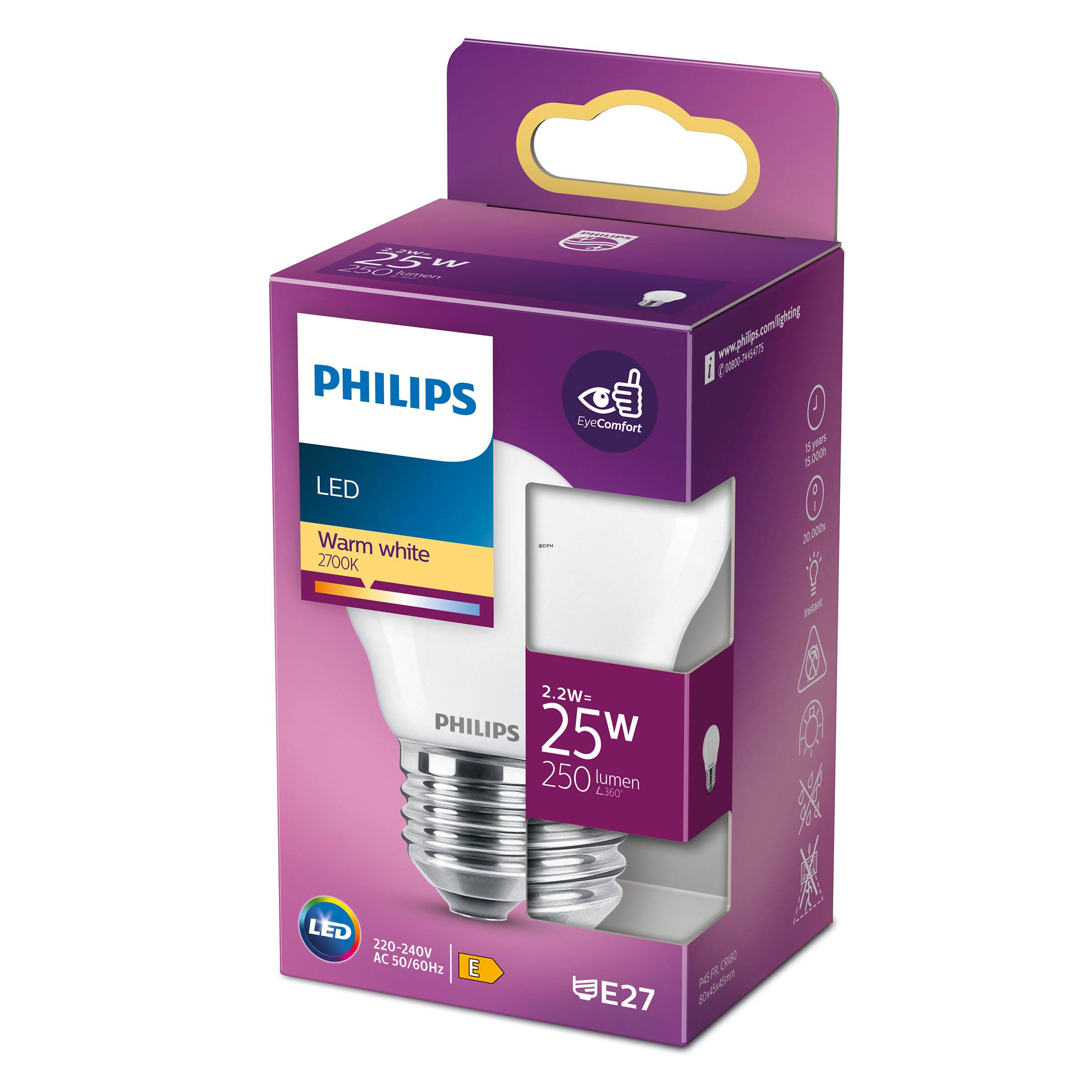Philips LED kronepære E27 2,2W 250 lm (svarer til 25 watt) Varm Hvidt Lys 2700k (15000 timer)