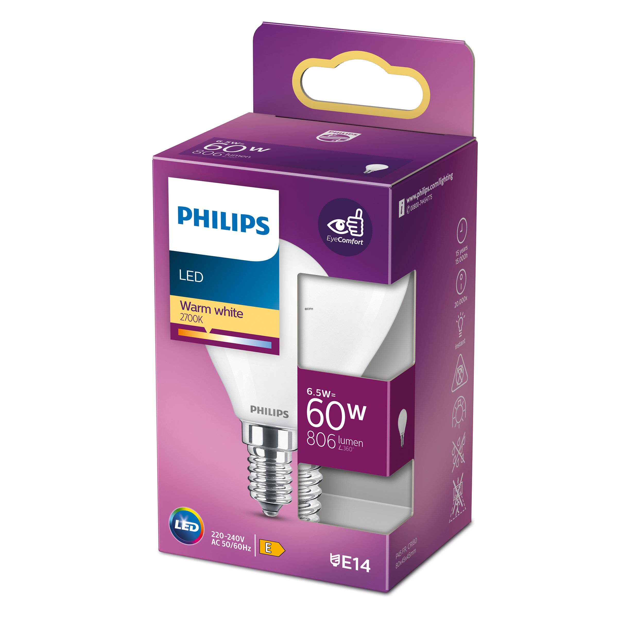 Philips LED kronepære E14 6,5W 608 lm (svarer til 60 watt) Varm Hvidt Lys 2700k (15000 timer)