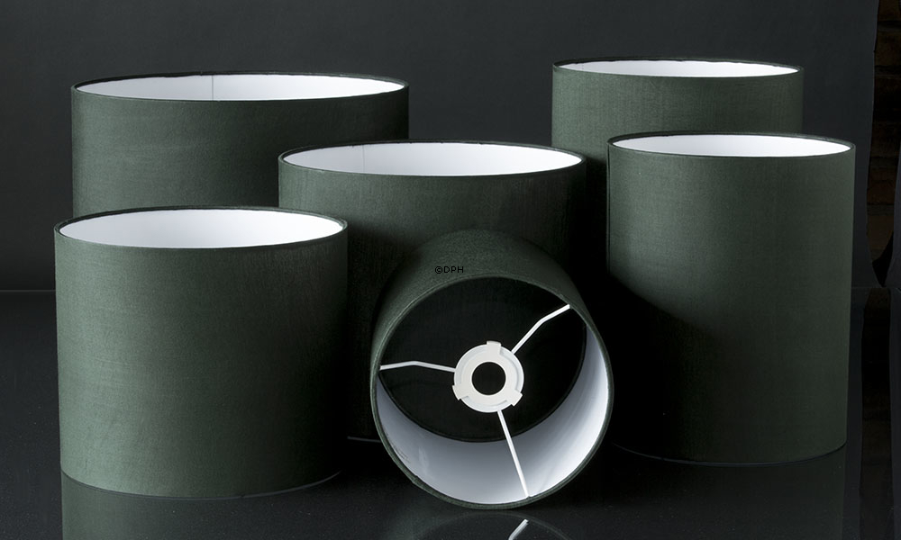 Rund cylinderformet lampeskærm, grøn chintz stof m/fast stativ, UDEN låg