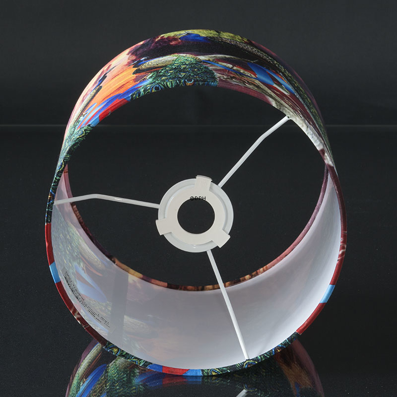 Rund cylinderformet lampeskærm, rosa med påfugle m/fast stativ UDEN låg