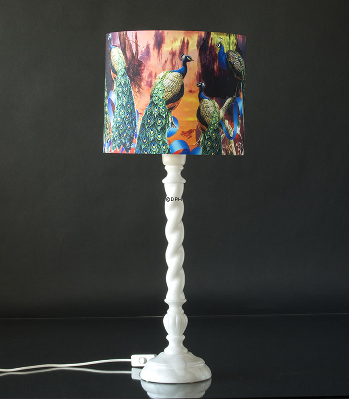 Rund cylinderformet lampeskærm, rosa med påfugle m/fast stativ UDEN låg