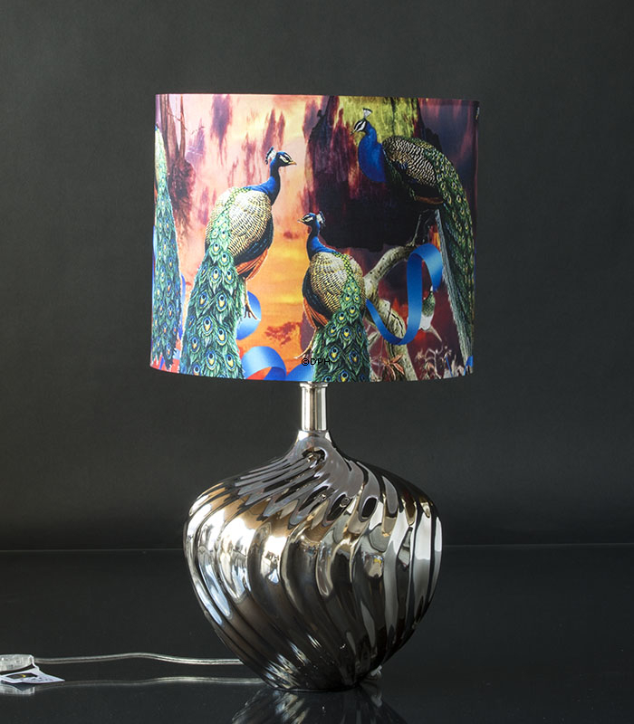 Rund cylinderformet lampeskærm, rosa med påfugle m/fast stativ UDEN låg