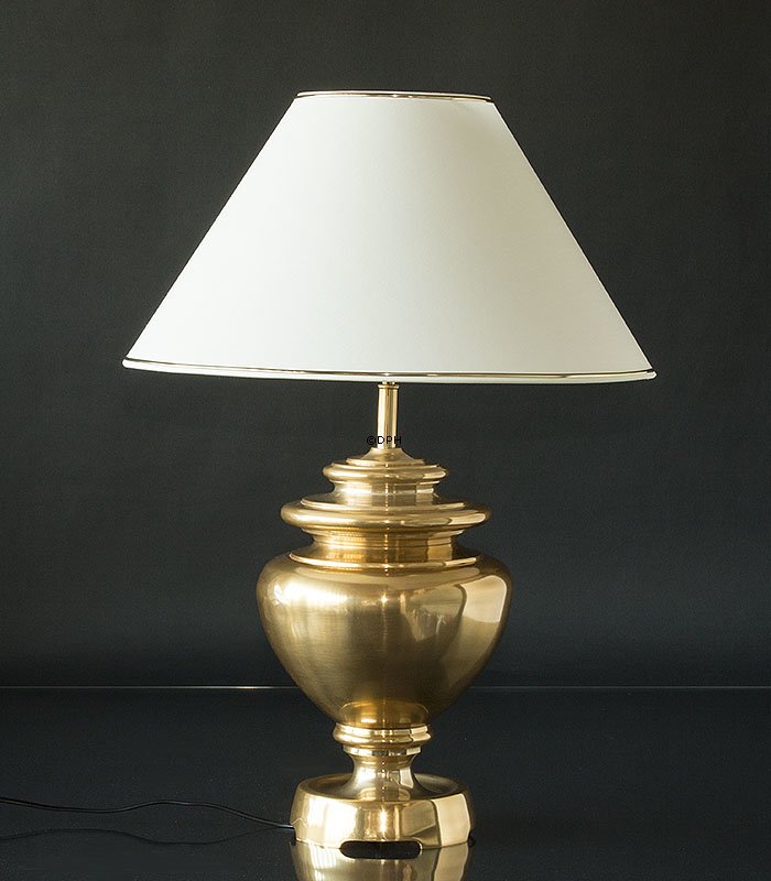 Rund lampeskærm høj model 27 cm i højden, hvid chintz stof med guldkant (2. sortering - se beskrivelse)