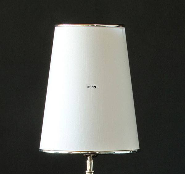 Rund cylinderformet lampeskærm, off white bomuld med sølv bånd m/fast stativ, UDEN låg