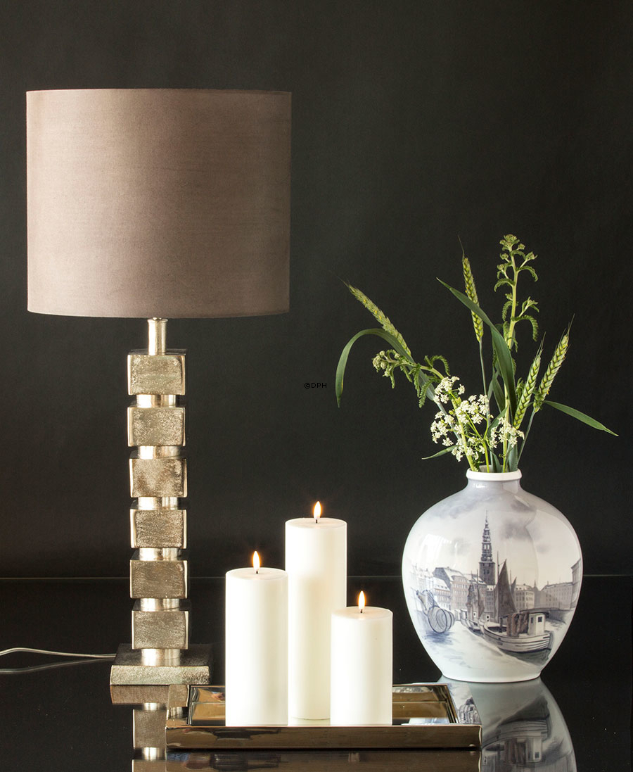 Rund cylinderformet lampeskærm, mørk grå stof m/fast stativ, UDEN låg