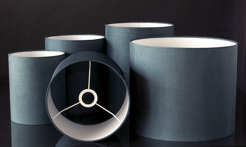 Rund cylinderformet lampeskærm, blågrøn stof m/fast stativ, UDEN låg