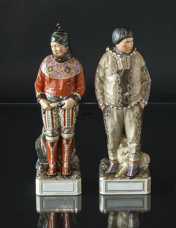 Grønlandsk par, kvinde og mand, overglasur figur, Royal Copenhagen nr. 12224 og 12225