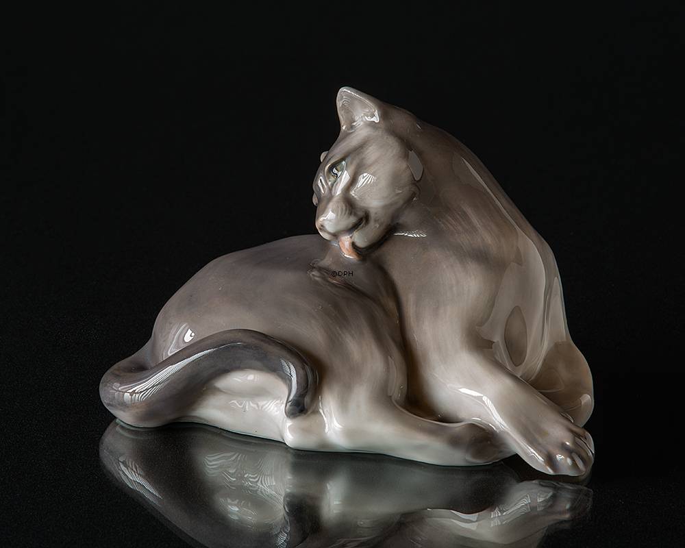 Liggende kat der slikker sig Royal Copenhagen figur nr. 1759-2512