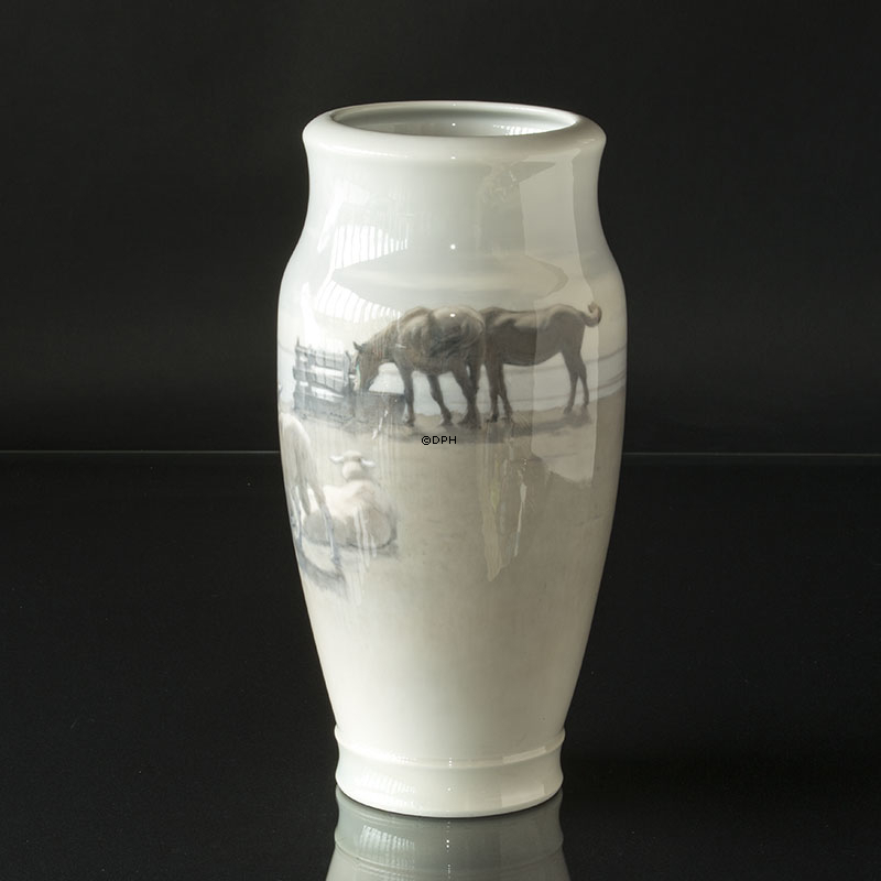 Stor Unica Royal Copenhagen Vase malet af G. Rode, Heste og Får, Signeret: GR 1.3. 1932