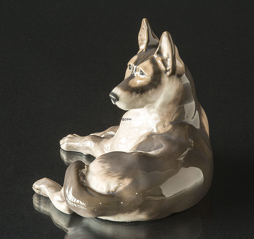 Schæferhund, ligger ned, Stor Royal Copenhagen hundefigur nr. 2803 (1922-1930)