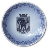 Skål/platte (med huller til ophæng) med Odense Byvåben, Royal Copenhagen nr. 3443, Trykt bagpå: Chr. I. Hey