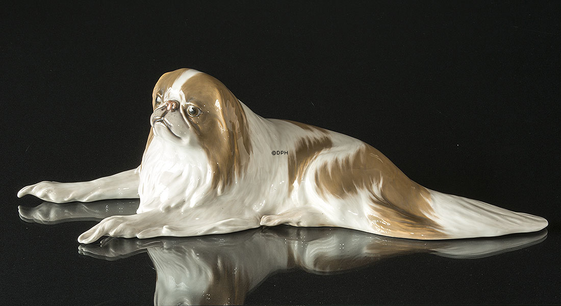 Pekingeser, liggende, STOR  Royal Copenhagen hundefigur nr. 1453-422 (1894-1922) - Har nogle brune spots