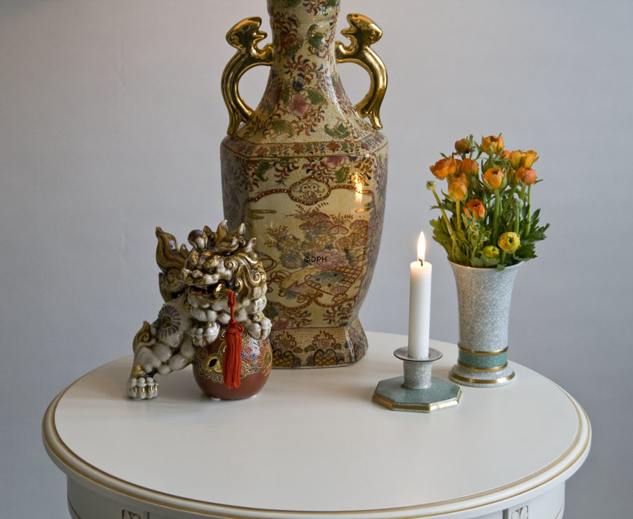 Grøn lysestage, krakeleret, kantet, Royal Copenhagen nr. 457-3334