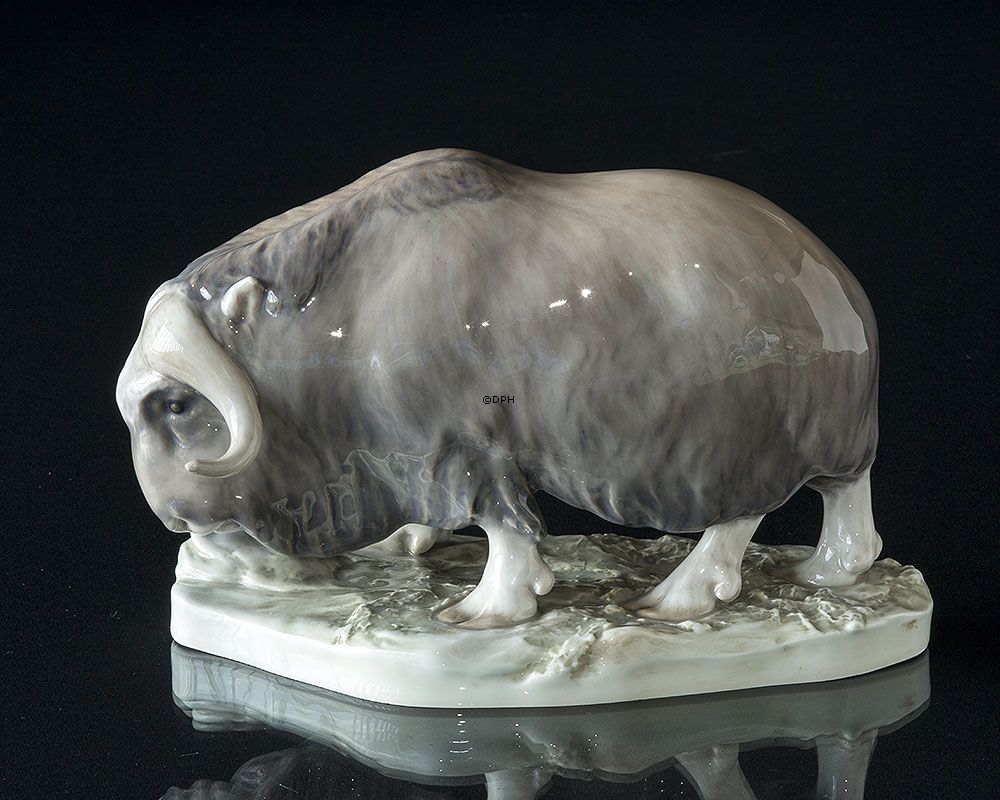 Moskusokse, Royal Copenhagen figur 530 (1894-1922) Repareret v/hornene (Meget sjælden)