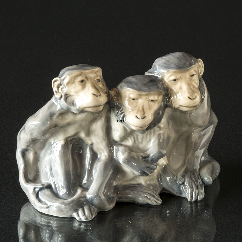Aber, Trio, tre siddende aber, Abe figur Royal Copenhagen nr. 1454-940
