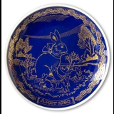 1980 Ravn Cobalt Blue Easter Plate Bunny Rabbit with young ones