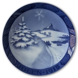 Snow covered landscape with spruce, sledge and church 1915, Royal Copenhagen Christmas plate