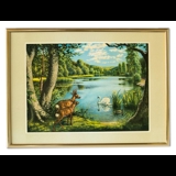 Scenic painting of two deer and a swan on a forest lake