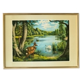 Scenic painting of two deer and a swan on a forest lake