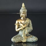 Buddha siddende med arme over kors i kontemplation, guldfarve polyresin