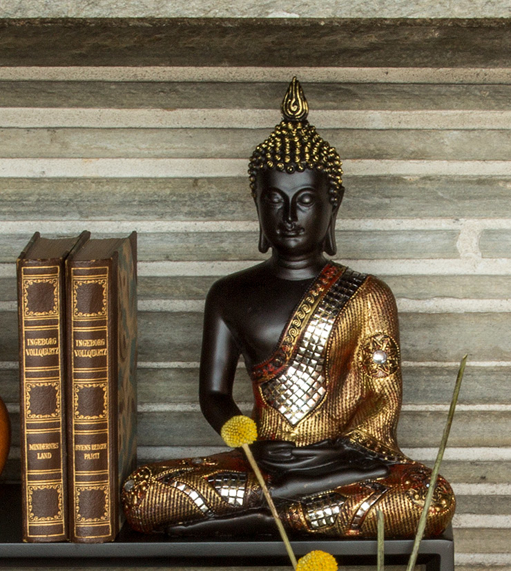 Buddha siddende meditation Dhyana Mudra, sort og guld polyresin
