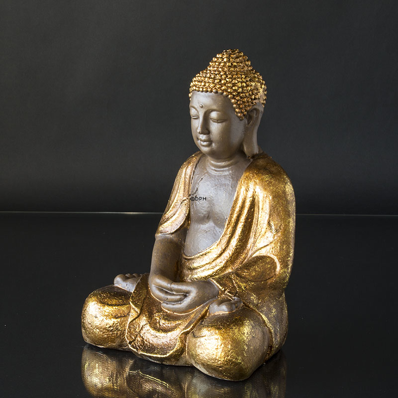 Buddha siddende meditation Dhyana Mudra, brun og guld polyresin