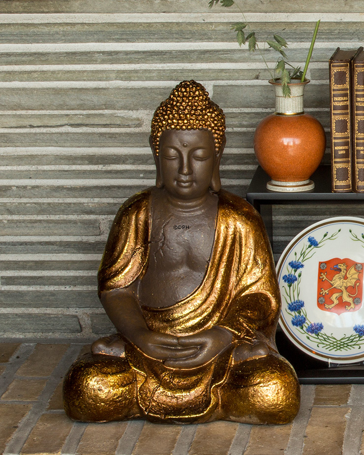 Buddha siddende meditation Dhyana Mudra, brun og guld polyresin